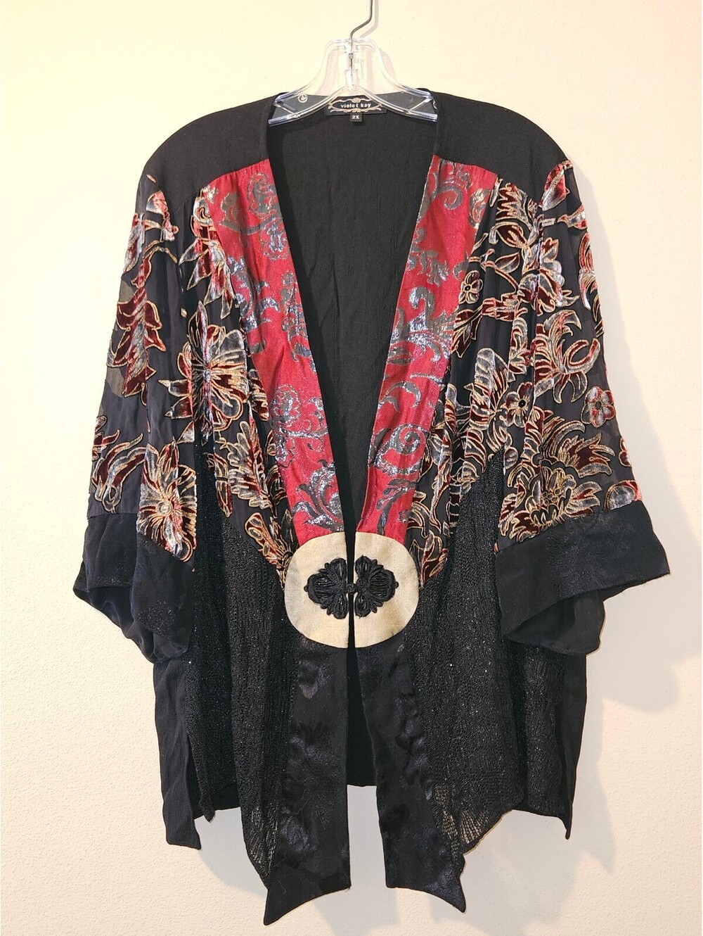 Violet Kay Velvet Silk Blend Cardigan Kimono Wrap Open Front Black Red 2X